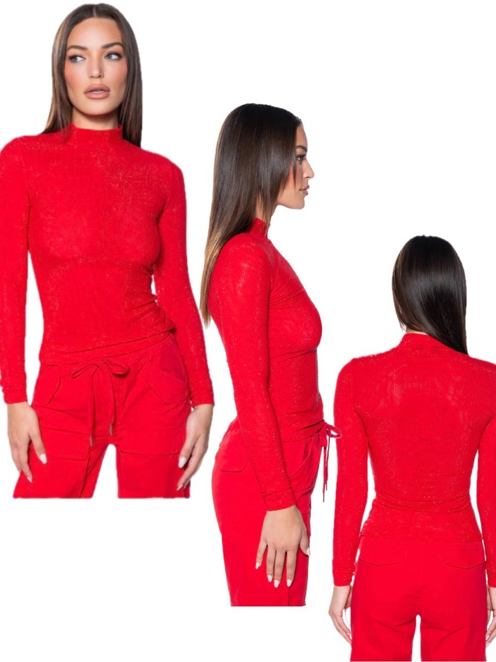 AKIRA RED CLARISSA EMBELLISHED LONG SLEEVE MESH Mock Neck TOP Sz L NWOT Sparkly